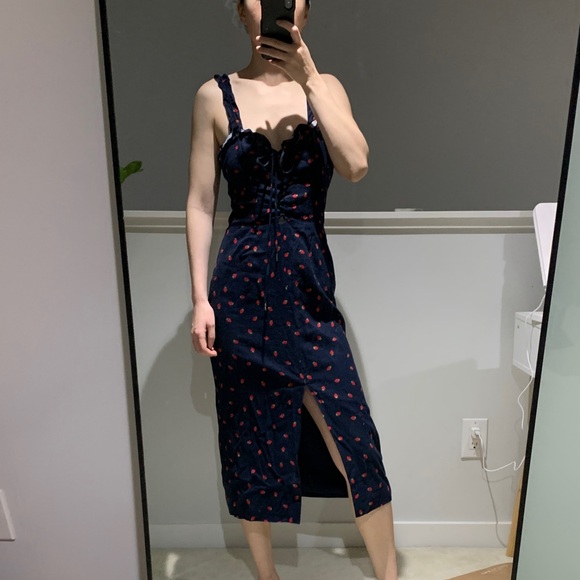 Finders Keepers Navy Midi Dress with Red Pattern - Picture 3 of 6